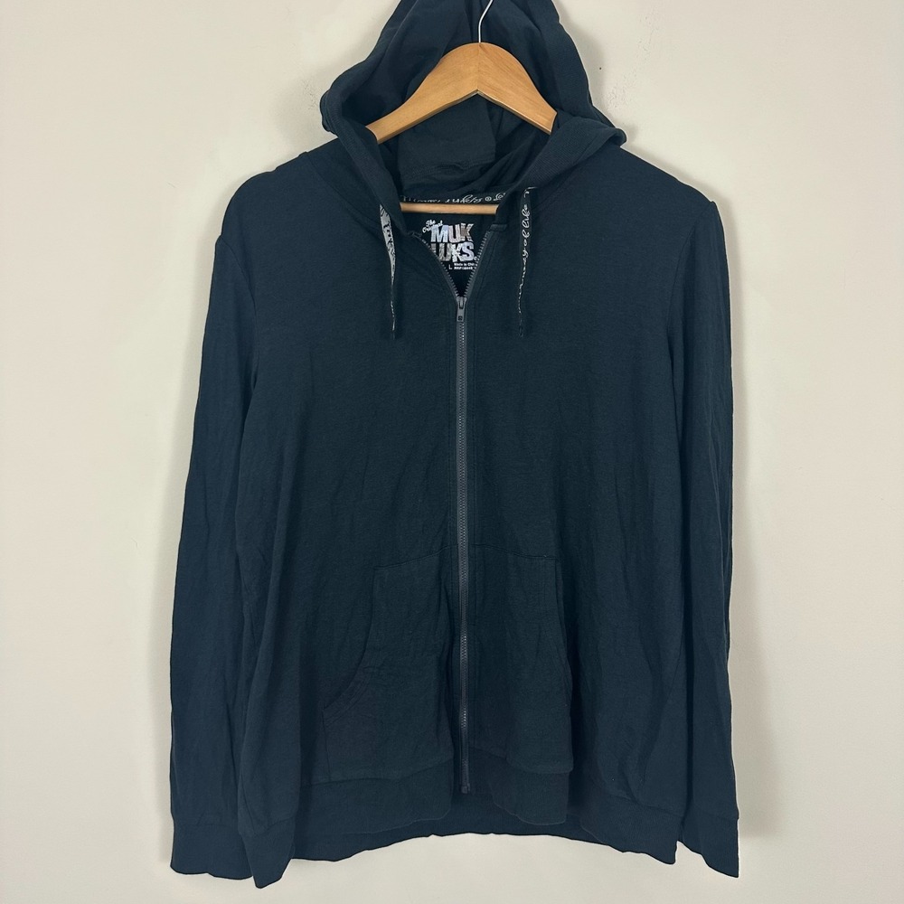 The Original Muk Luks Hoodie Black Cotton Stretch Long Sleeve Full Zip Men Large